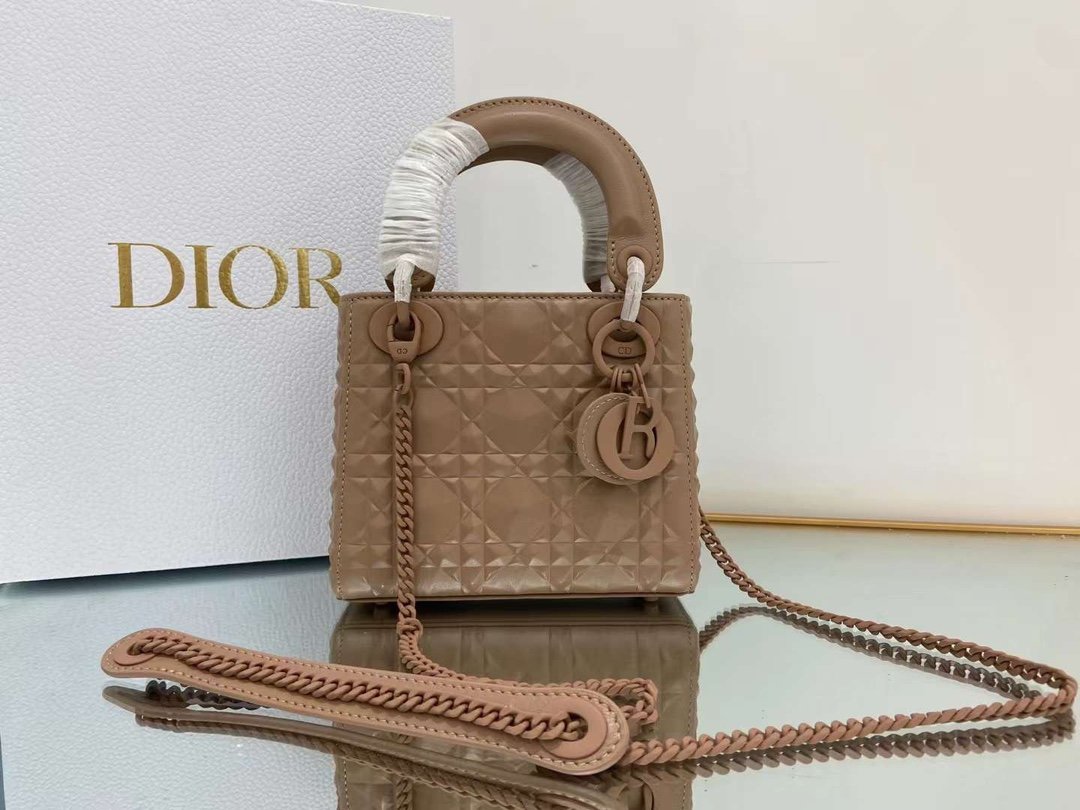 Christian Dior Mini Lady Dior Bag Cannage with Beaded Motif, Brown, For Women Women’s Handbags, Crossbody Bags, 18cm CD