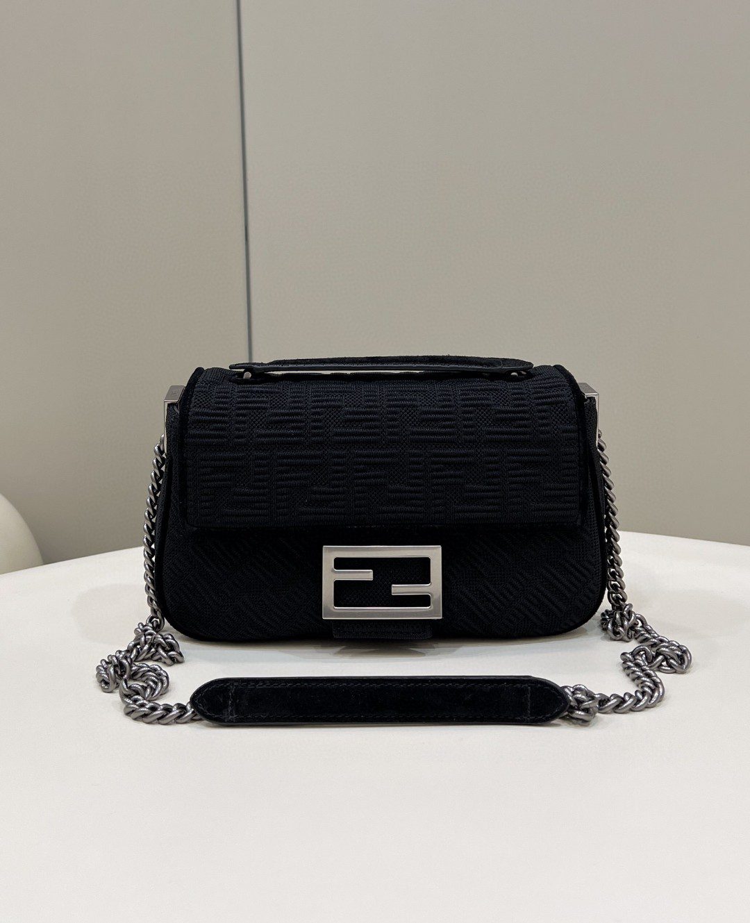 Fendi Baguette Chain Midi Black FF Fabric Bag For Woman 14.5cm/6in