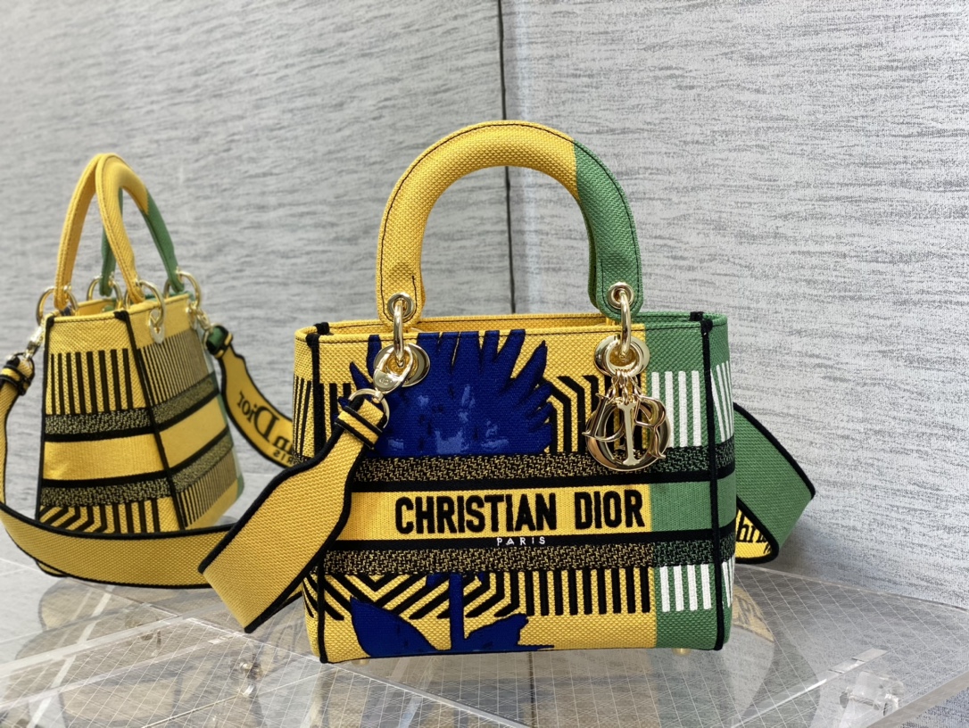 Christian Dior Medium Lady D-Lite Bag D-Flower Pop Embroidery, Bright Yellow/Green, For Women Women’s Handbags, 24cm CD M0565OROO_M886