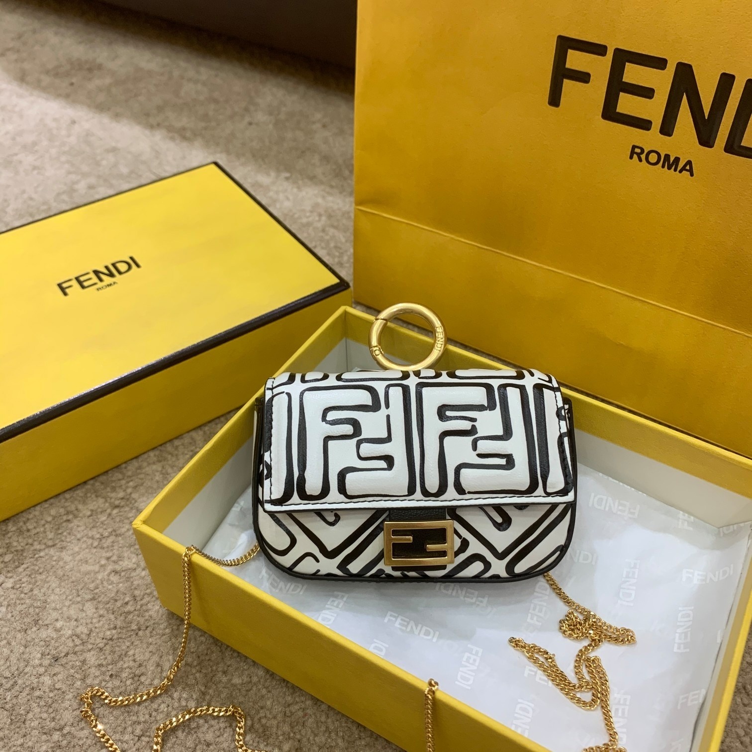 Fendi Nano Baguette Charm California Sky White For Women, Women’s Handbags, Shoulder And Crossbody Bags 4.3in/11cm FF 7AR844