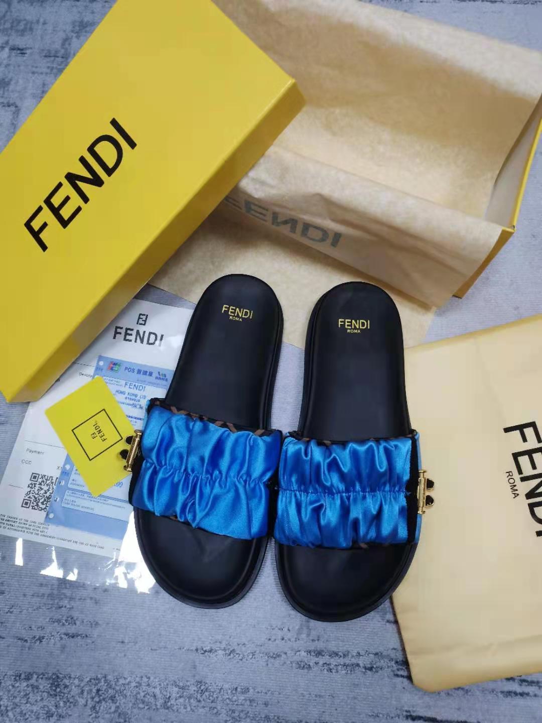 Fendi Feel Blue Satin Slides For Women
