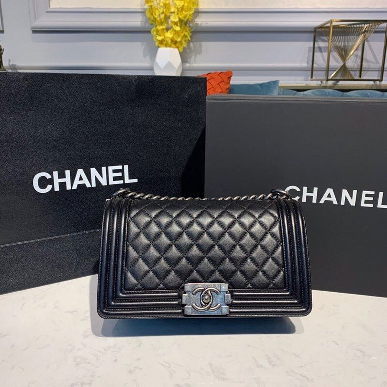 Chanel Boy Handbag Silver Hardware Black For Women, Women’s Bags, Shoulder And Crossbody Bags 9.8in/25cm A67086