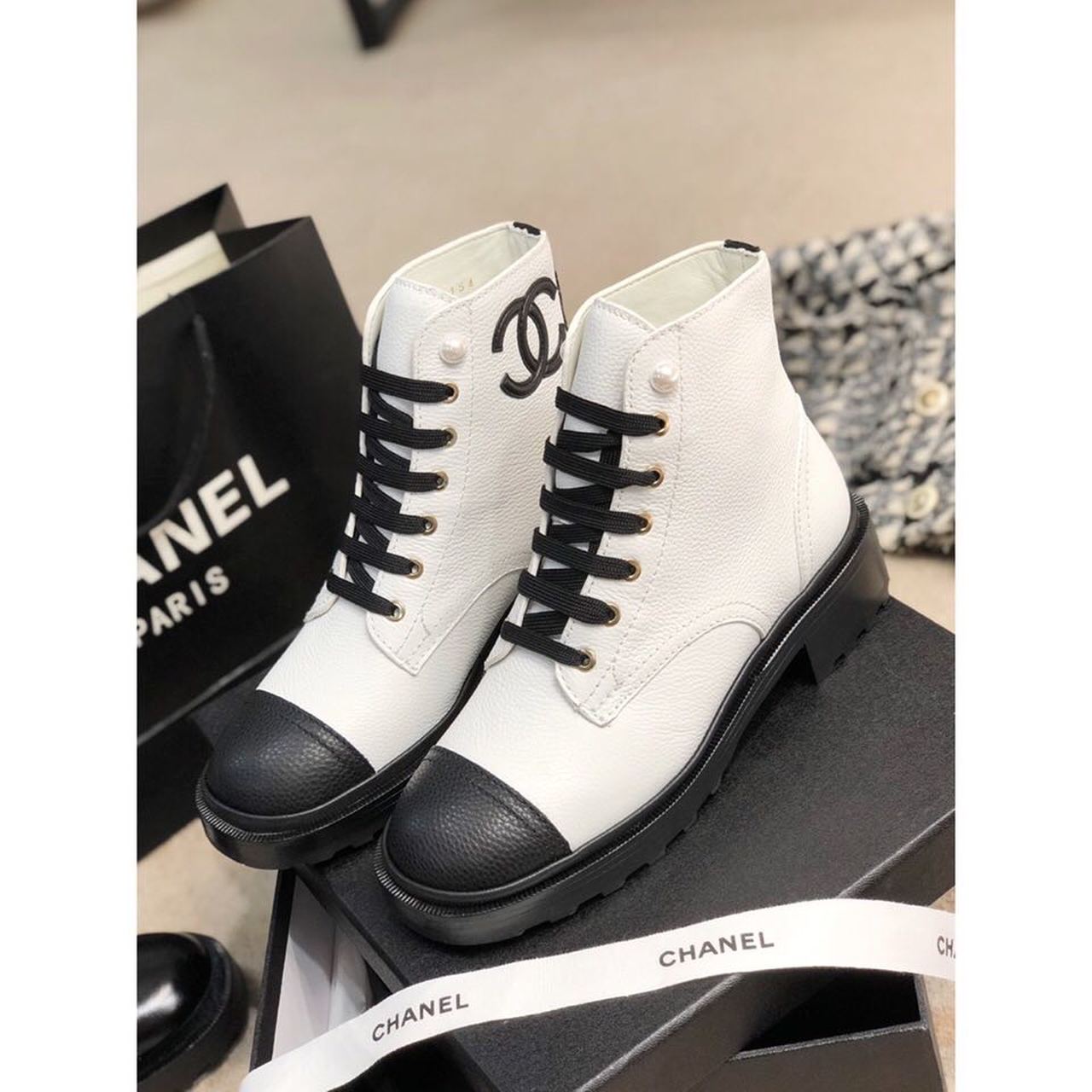 Chanel Ankle Boots White/Black For Women, Women’s Shoes G36209