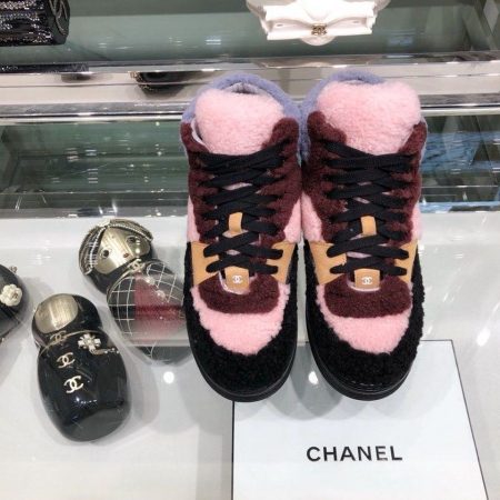 Chanel Logo High-Top Sneakers Shearling Fur/Lambskin Leather Fall/Winter 2019 Collection, Pink/Blue/Burgundy