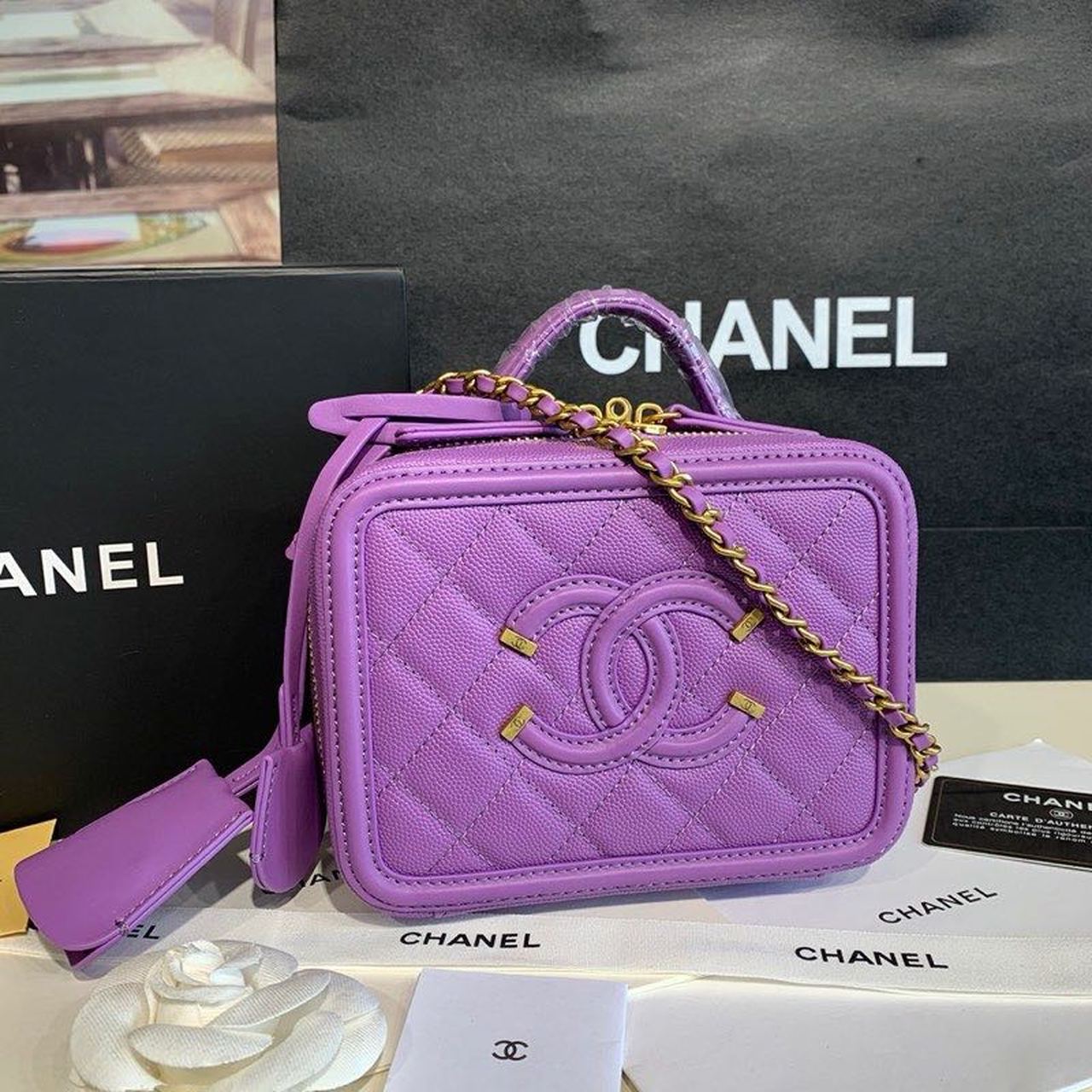 Chanel Chanel Filigree Vanity Case Bag 18cm Gold Toned Hardware Caviar Leather Spring/Summer Act 1 Collection, Purple