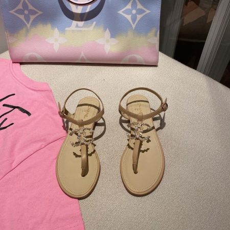 Chanel Pearl Embroidered Chanel Logo Thong Sandals Calfskin Leather Spring/Summer Act 1 Collection Beige