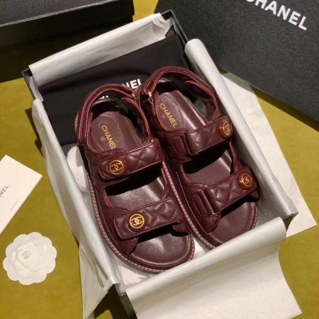 Chanel Velcro Beach Sandals Calfskin Leather Spring/Summer Act 2 Collection Burgundy