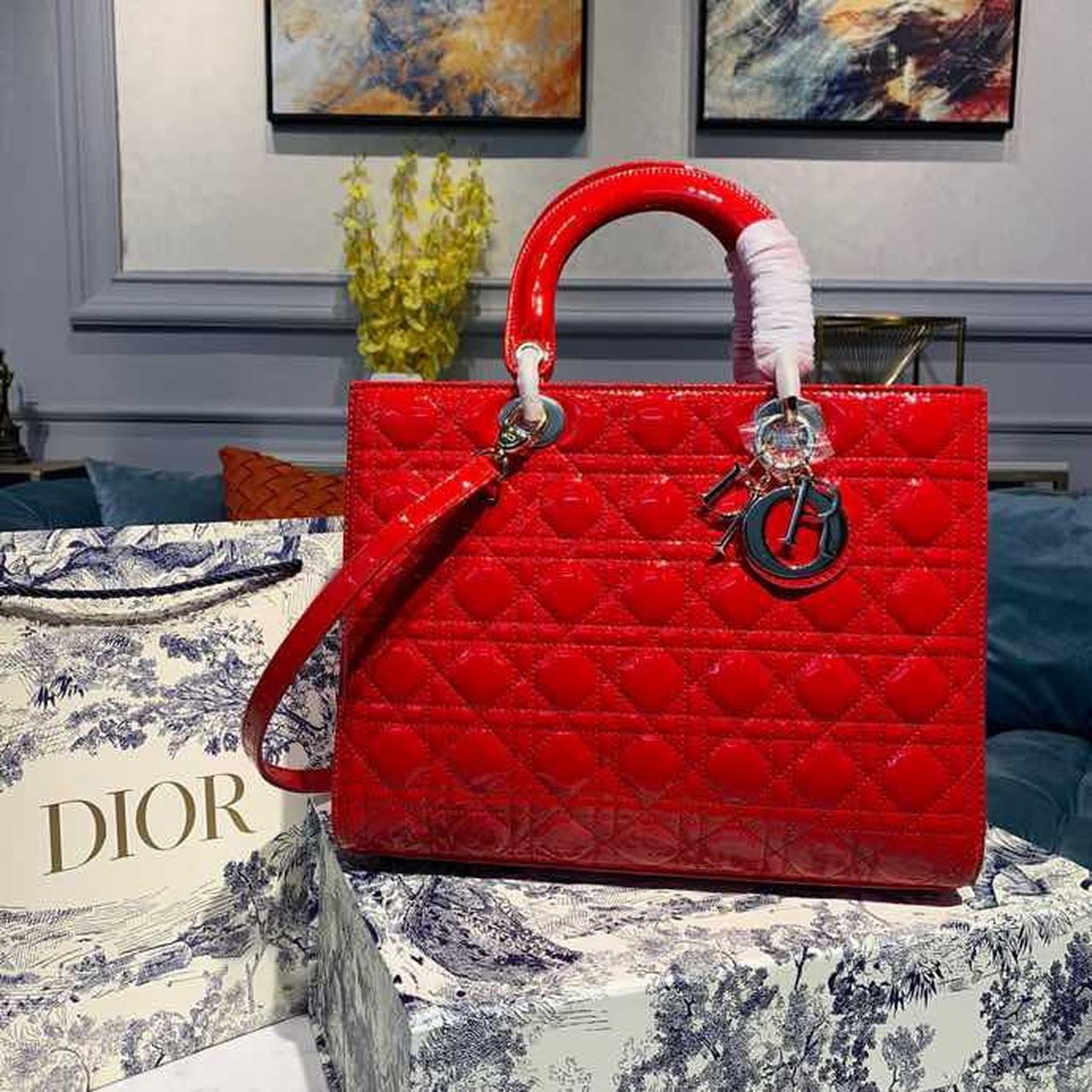 Christian Dior Large Lady Dior Bag Gold Toned Hardware Red Patent For Women 12.5in/32cm CD