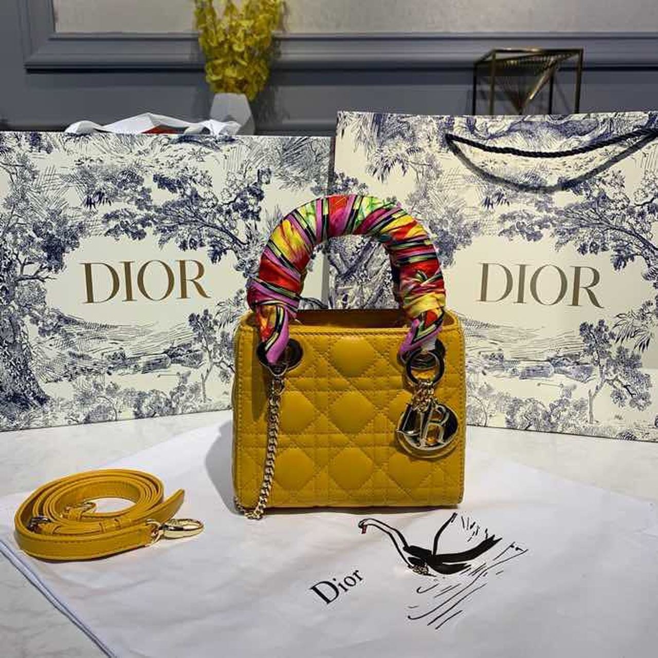 Christian Dior Mini Lady Dior Bag with Chain Silver Hardware Spring/Summer Collection, Yellow, For Women Women’s Handbags, 18cm CD