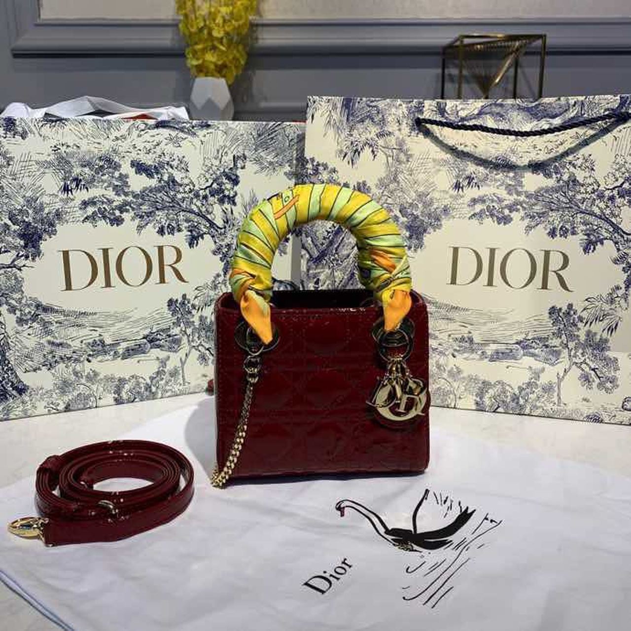 Christian Dior Mini Lady Dior Bag with Chain Gold Toned Hardware Spring/Summer Collection, Burgundy, For Women Women’s Handbags, 18cm CD