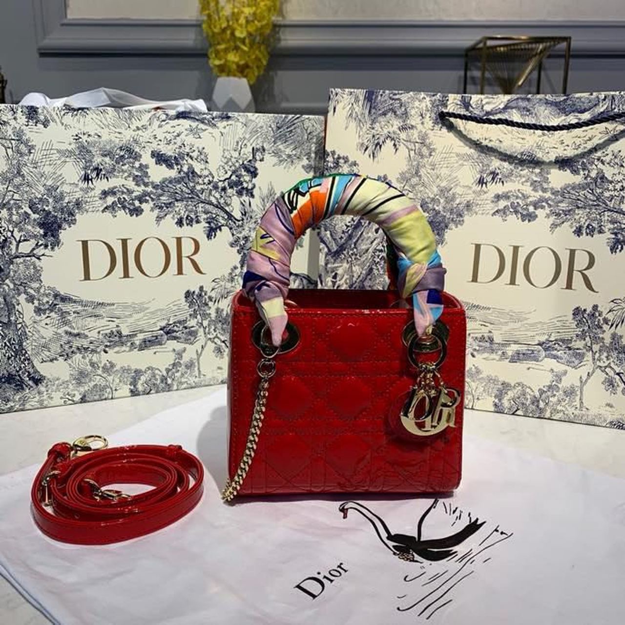 Christian Dior Mini Lady Dior Bag with Chain Silver Hardware Spring/Summer Collection, Red, For Women Women’s Handbags, 18cm CD