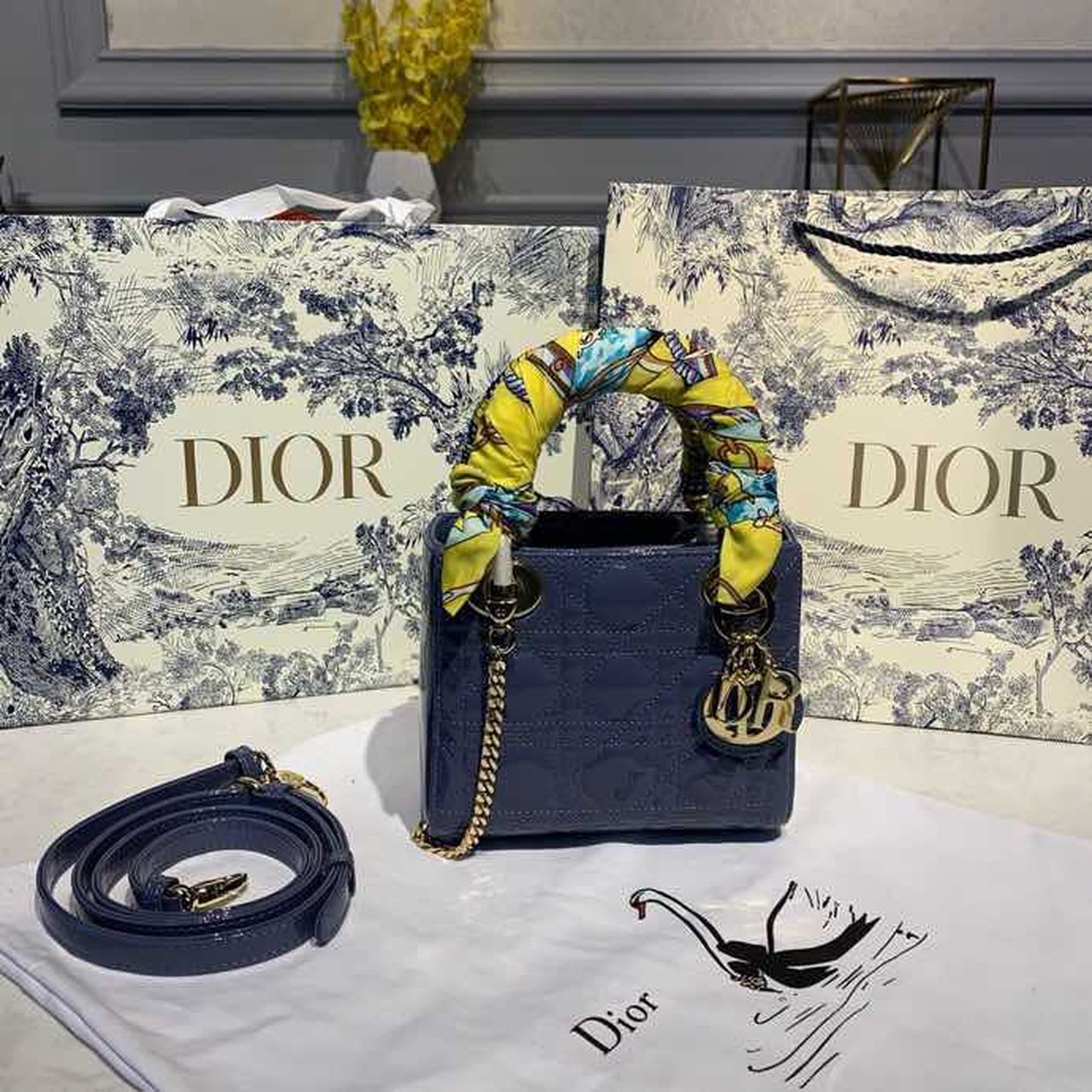 Christian Dior Mini Lady Dior Bag with Chain Silver Hardware Spring/Summer Collection, Deep Blue, For Women Women’s Handbags, 18cm CD