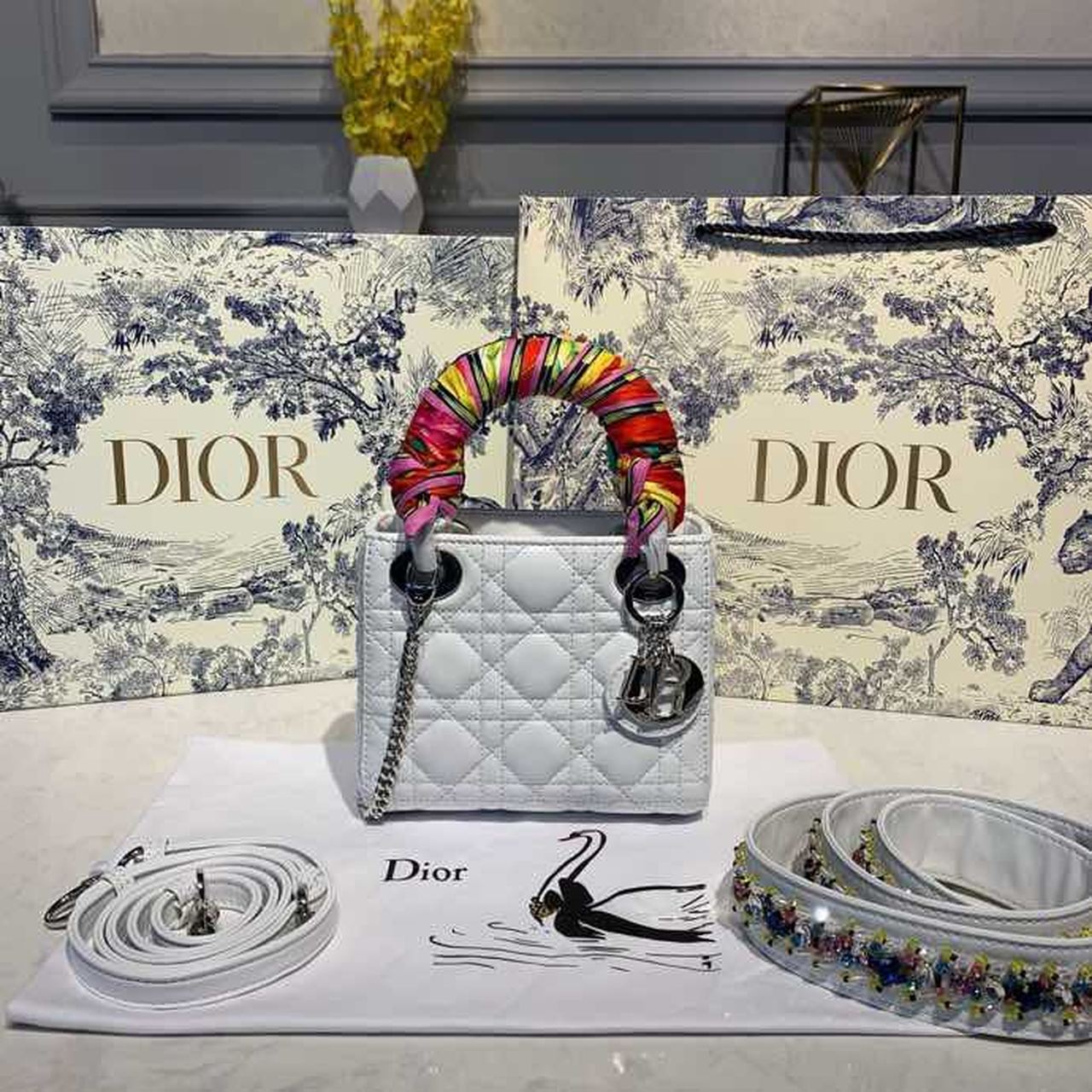 Christian Dior Mini Lady Dior Bag with Chain and Embellished Bag Strap Silver Hardware Spring/Summer Collection, White, For Women Women’s Handbags, 18cm CD
