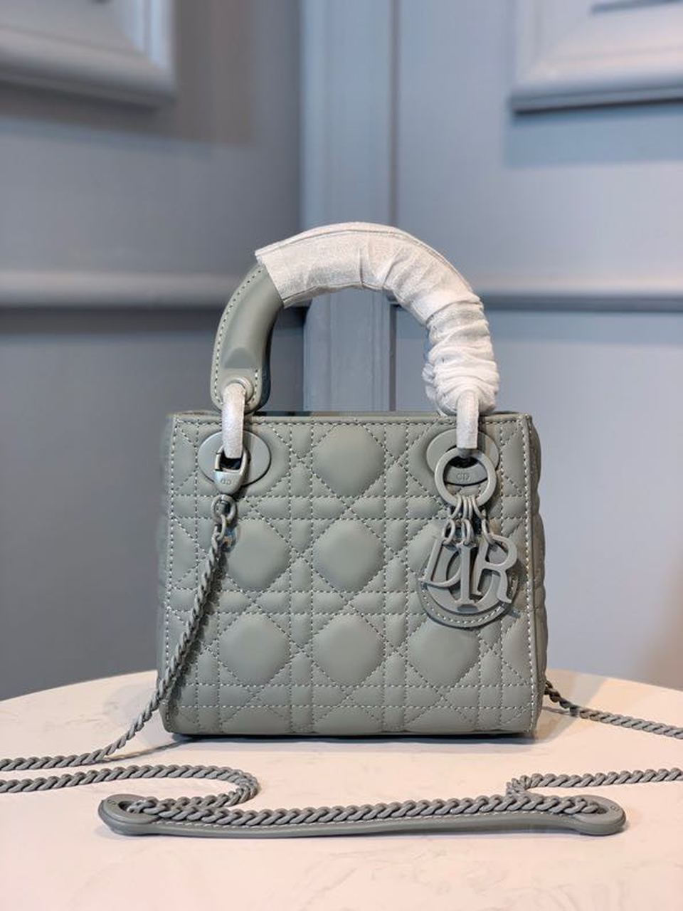 Christian Dior Mini Lady Dior Bag with Chain Matte Hardware Spring/Summer Collection, Pewter Blue, For Women Women’s Handbags, 18cm CD