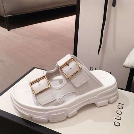 Gucci Aguru Open 2 Buckle Sandals Calfskin Leather Spring/Summer Collection White