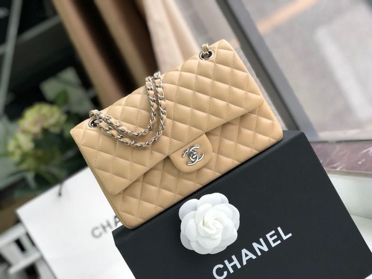 Chanel Classic Handbag Silver Hardware BeigeĀ For Women, Women’s Bags, Shoulder And Crossbody Bags 10.2in/26cm A01112
