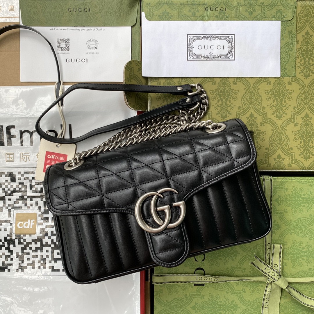 Gucci Marmont Small Shoulder Bag Black Matelassé For Women 10in/26cm 443497 UM8AN 1000