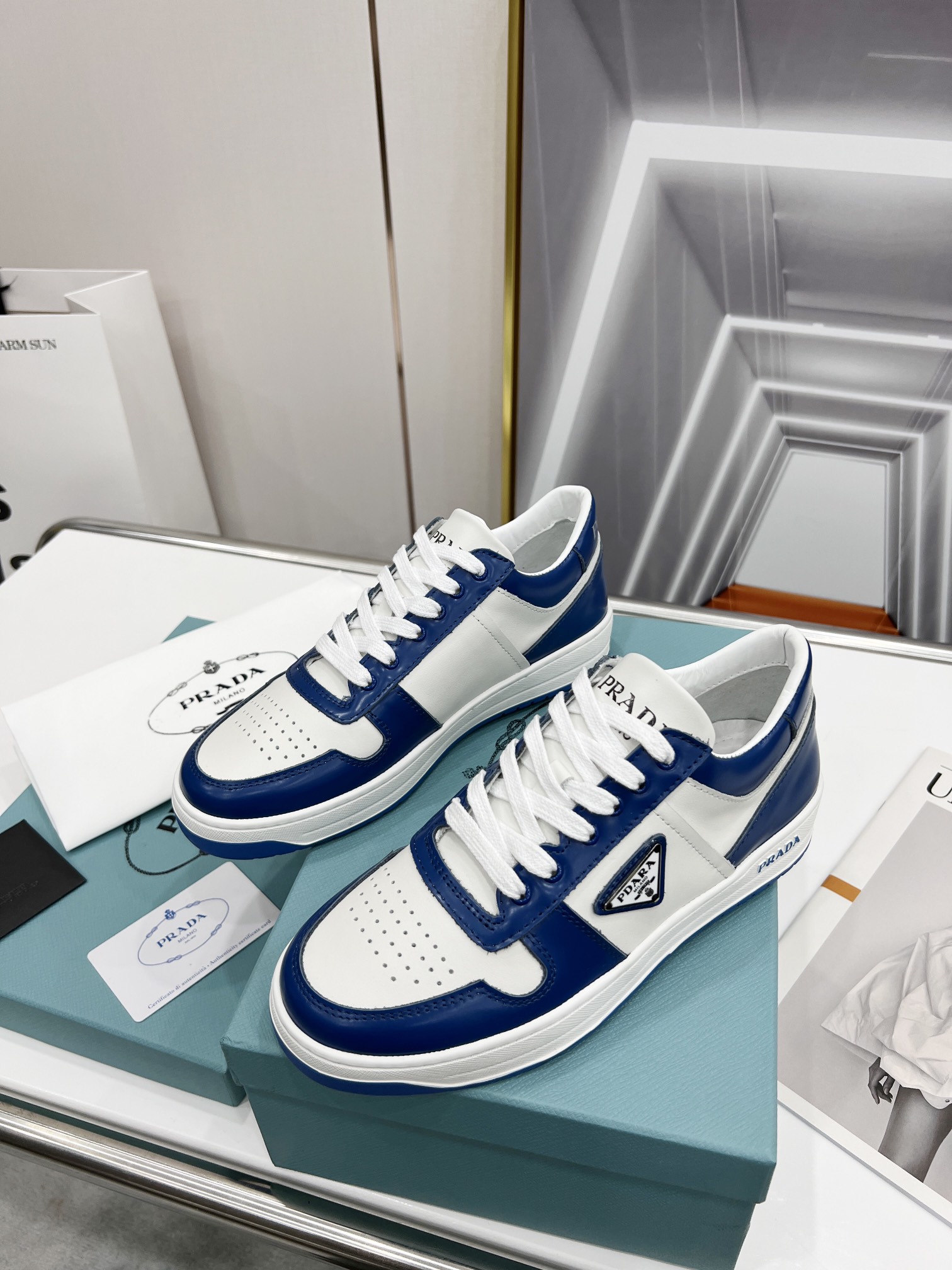 Prada Downtown Perforated Sneakers Blue/White For Women 1.2in/30mm Prada 2EE364_3LKG_F098Z