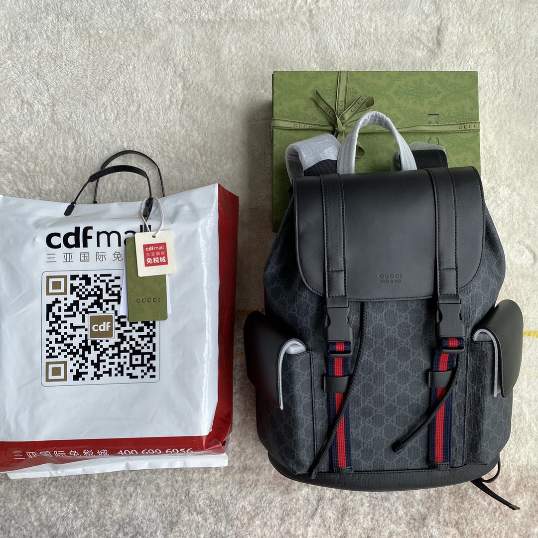 Gucci Black Backpack Black/Grey Soft Gucci Supreme Blue And Red Web For Men 16.5in/42cm 495563 K9R8X 1071