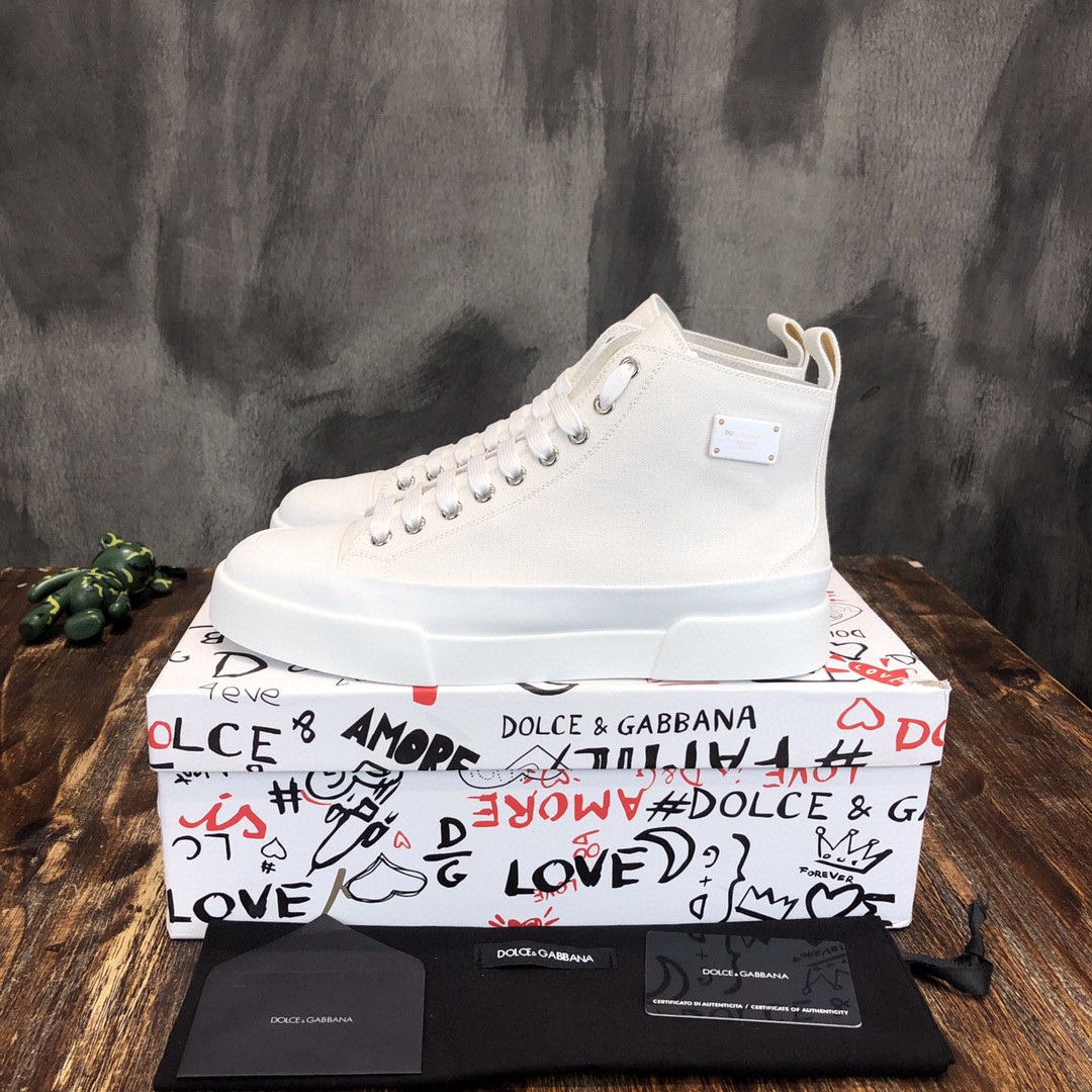 Dolce & Gabbana Two-Tone Canvas Portofino Light Mid-Top Sneakers With DG Logo White For Men DG Shoes