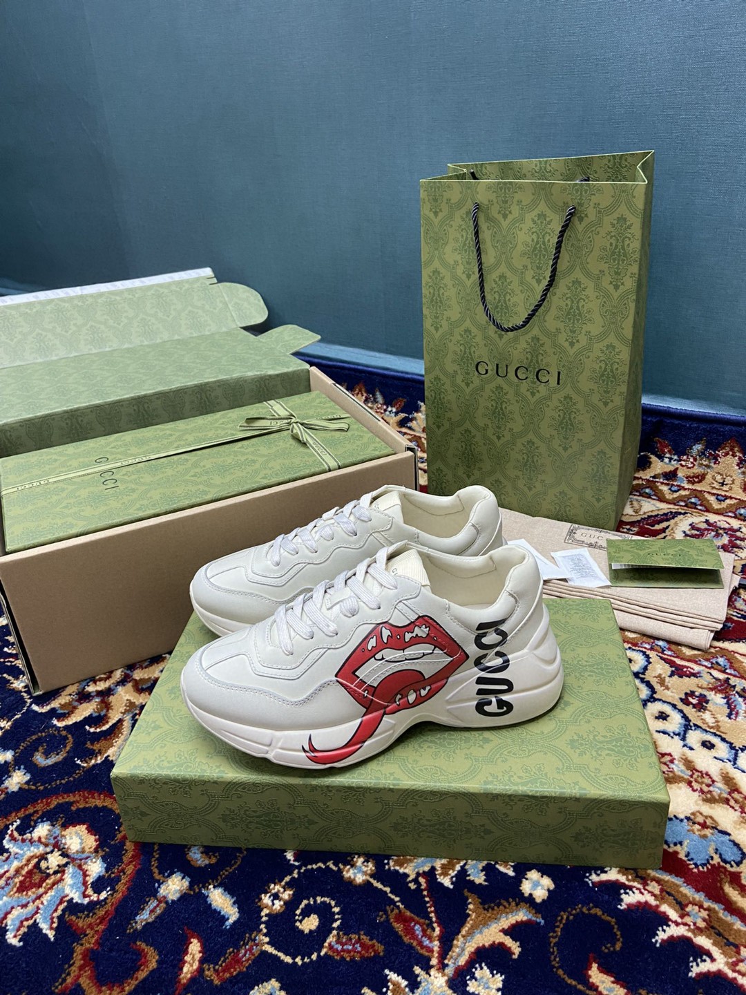 Gucci Men’s Rhyton Sneakers With Mouth Print White Ivory For Men ‎552089 A9L00 9522