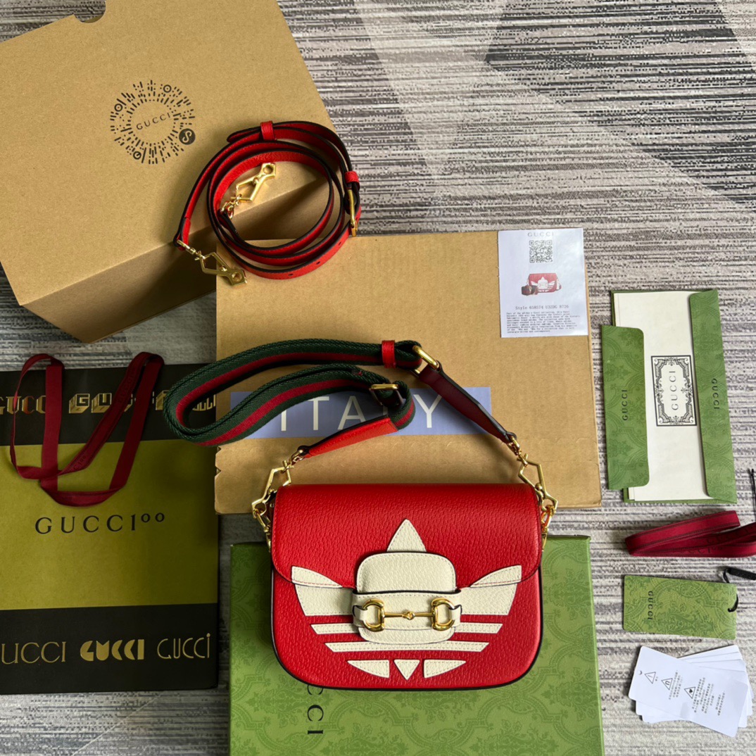 Gucci x Adidas Horsebit 1955 Mini Bag Red For Women, Women’s Bags 8.1in/21cm Gucci 658574 U3ZDG 6563