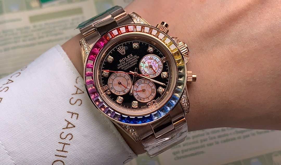 Rolex Daytona Cosmograph Rainbow Crystals Bezel Gold Toned Strap Black Dial 80251