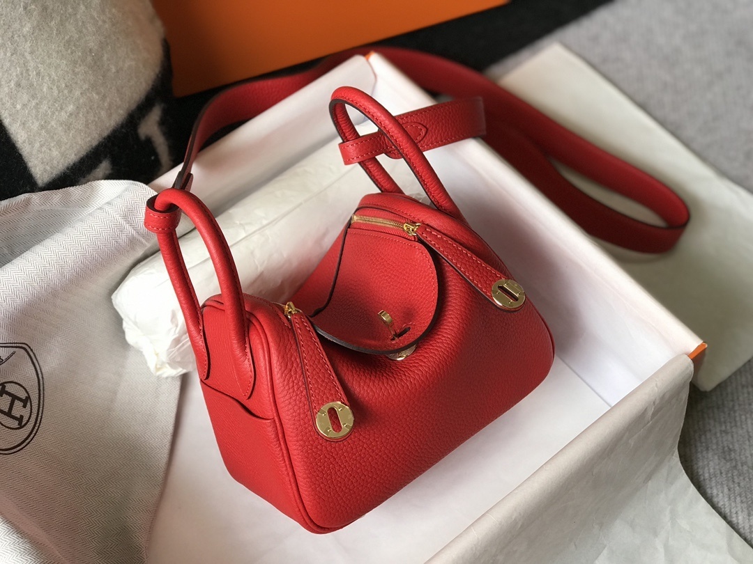 Hermes Lindy Mini Clemence Bag Red For Women, Women’s Handbags, Shoulder And Crossbody Bags 7.5in/19cm