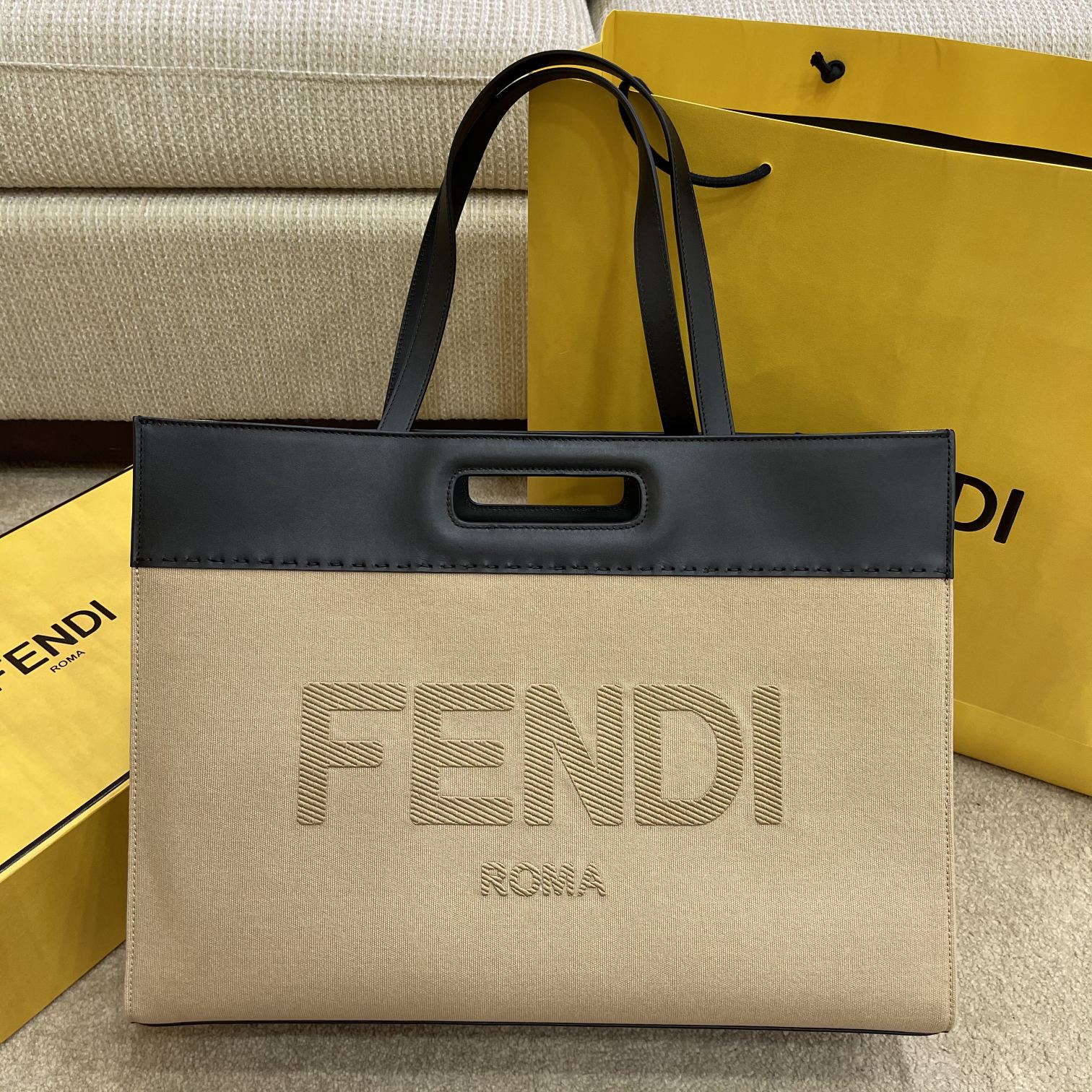 Fendi Canvas Tote Bag Cream/Black For Women, Women’s Handbags 18.1in/46cm FF 7VA480