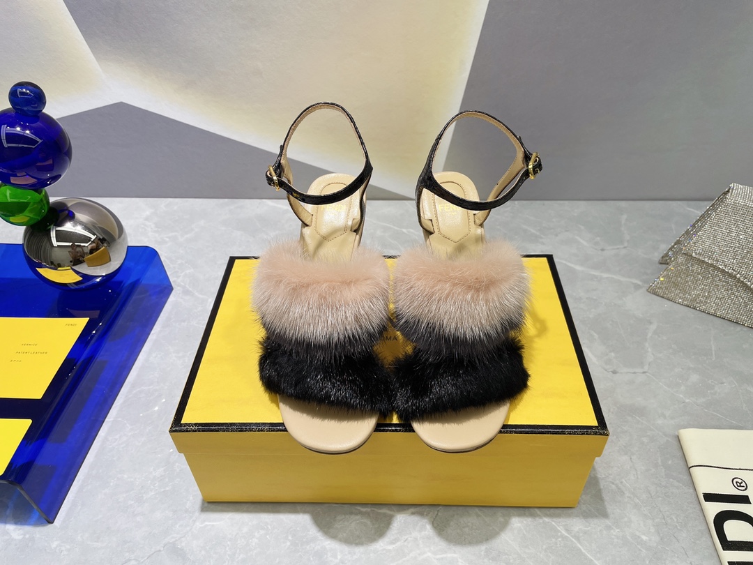 Fendi First Black Mink High-Heeled Sandals For WomenÂ