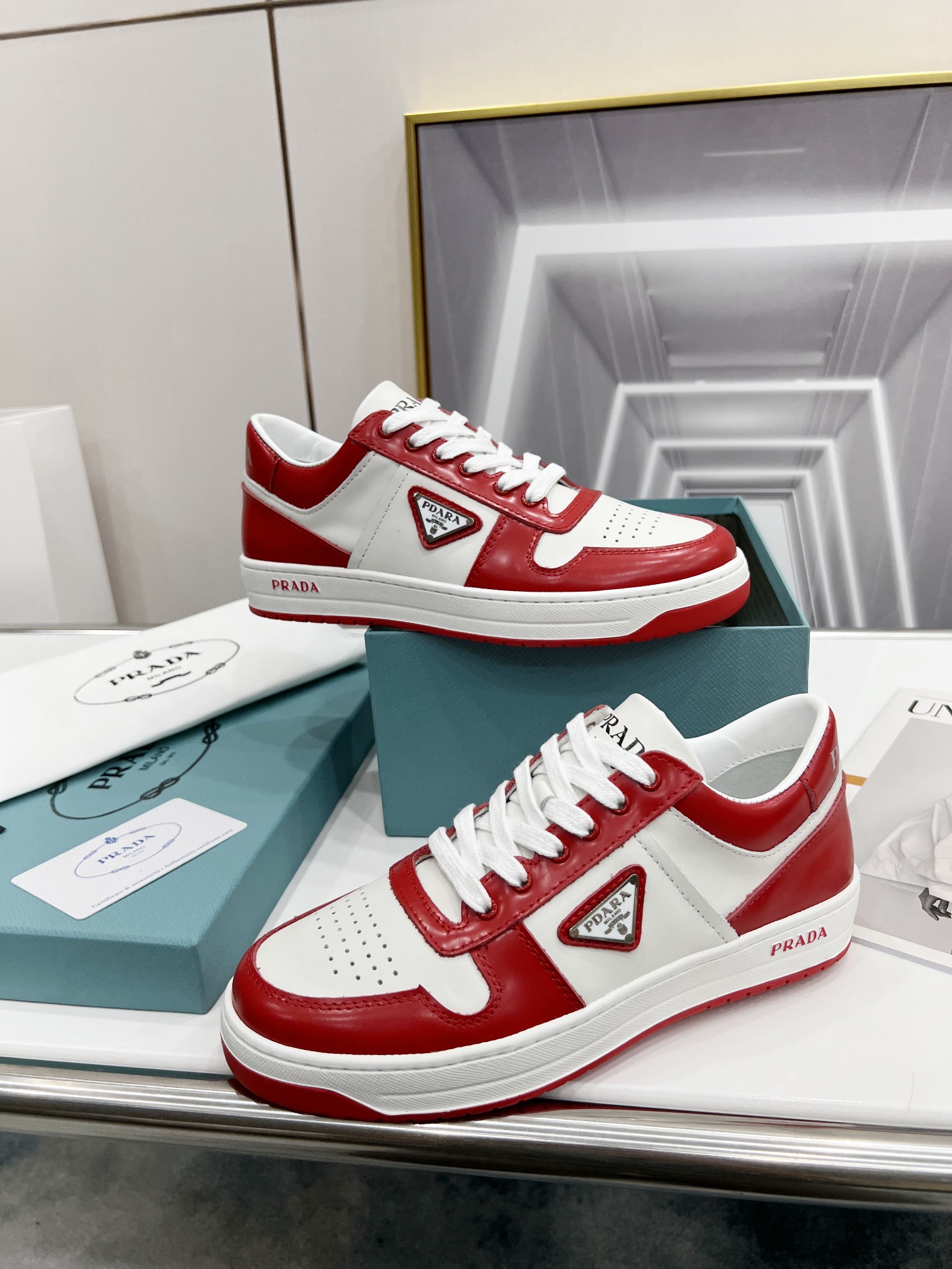 Prada Downtown Perforated Sneakers Red/White For Women 1.2in/30mm Prada 2EE364_3LKG_F0O3N