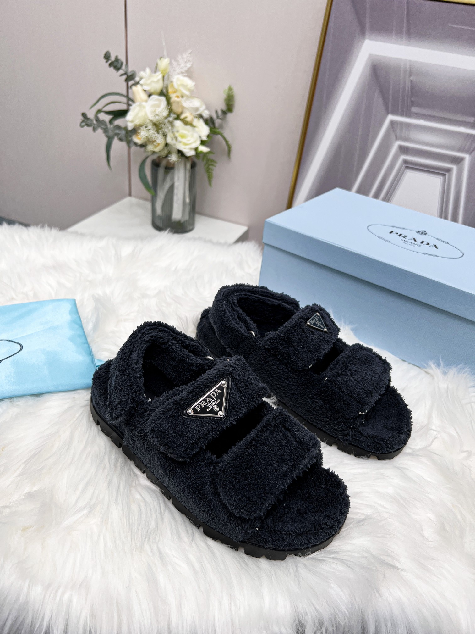 Prada Terrycloth Sandals Black For Women 0.8in/20mm Prada