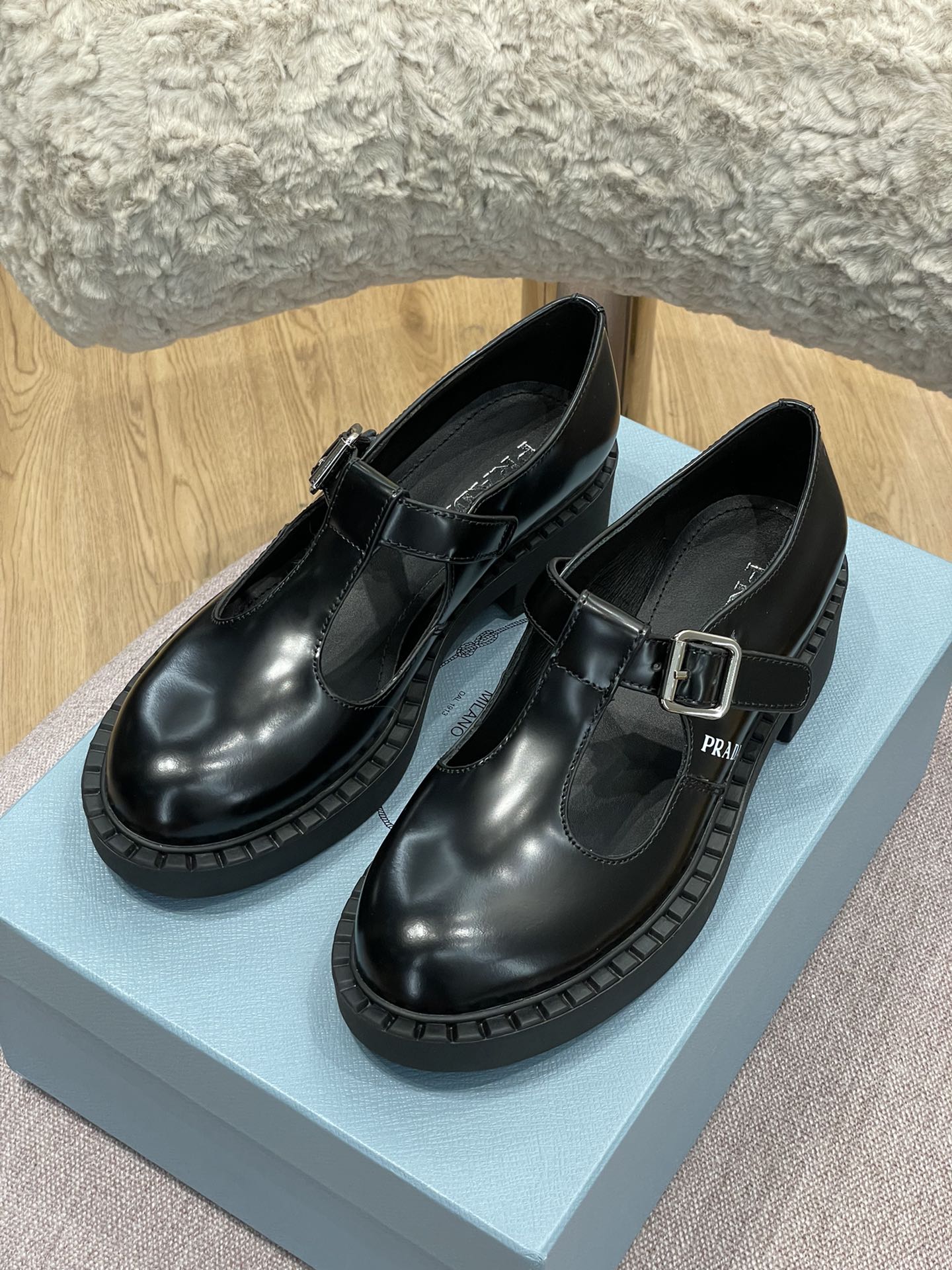 Prada Brushed Mary Jane T-strap Shoes Black For Women 2in/50mm Prada 1E834M_055_F0002_F_B050