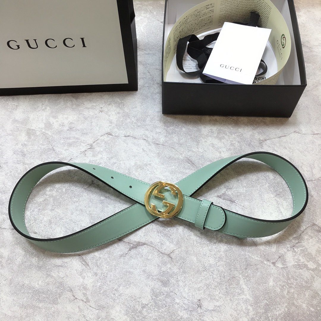 Gucci Belt With Interlocking G Buckle Green GG, Women Belt 370717
