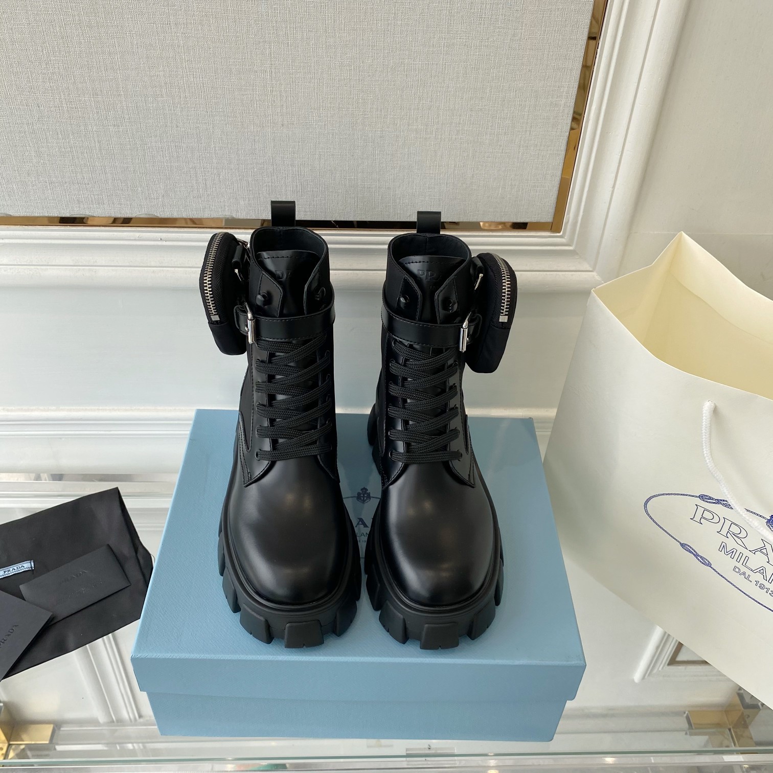 Prada Monolith And Nylon Fabric Boots Black For Women 2.2in/55mm Prada 1T255M_3LJS_F0002_F_B055