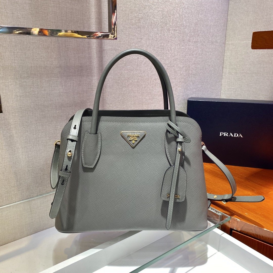Prada Small Saffiano Double Prada Bag Grey For Women, Women’s Bags 12.2in/31cm