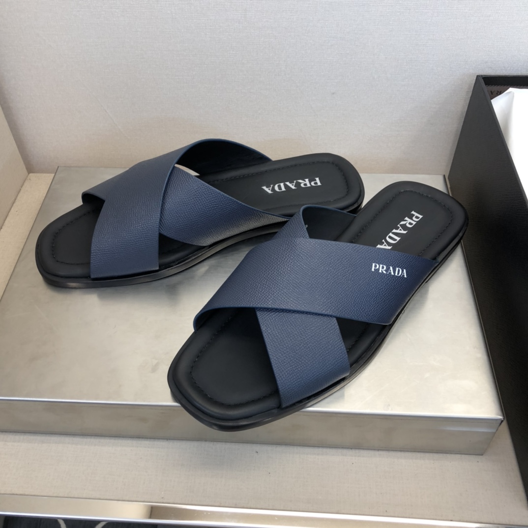 Prada Brushed Tape Crisscross Slides Blue For Men PRD