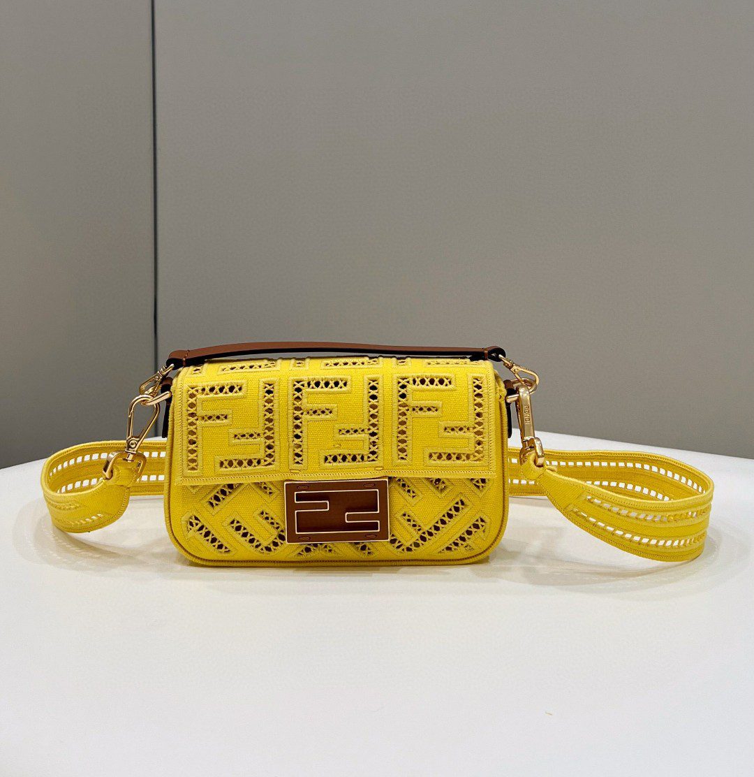 Fendi Baguette Yellow with Embroidery Small Bag For Woman 21cm/8in