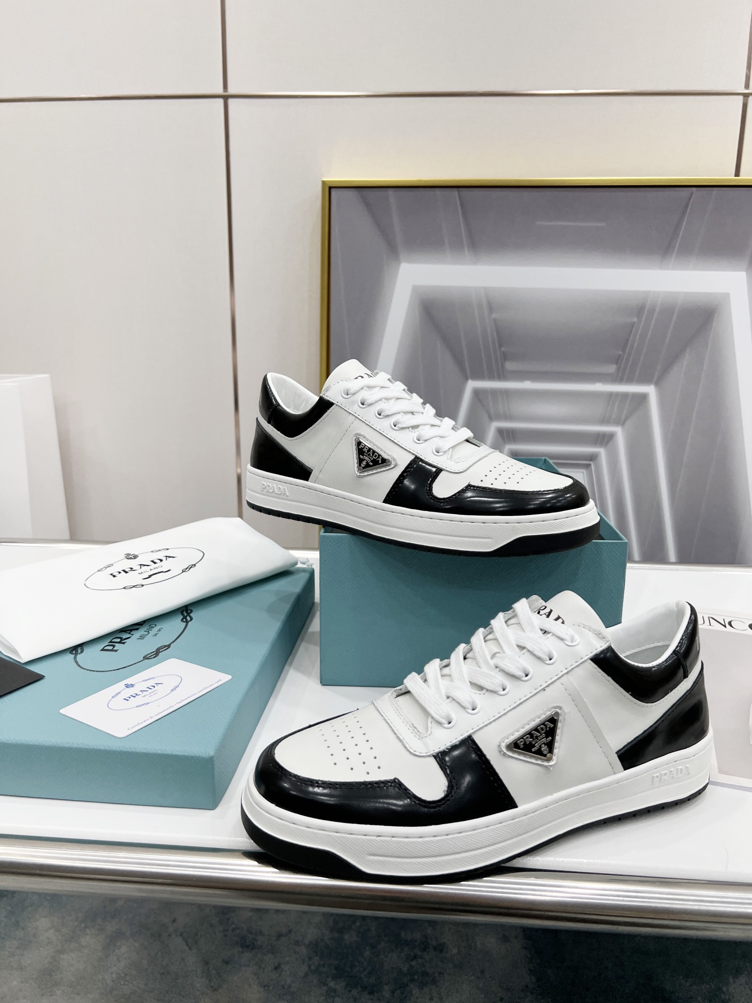 Prada Downtown Perforated Sneakers Black/White For Women 1.2in/30mm Prada 2EE364_3LKG_F0964