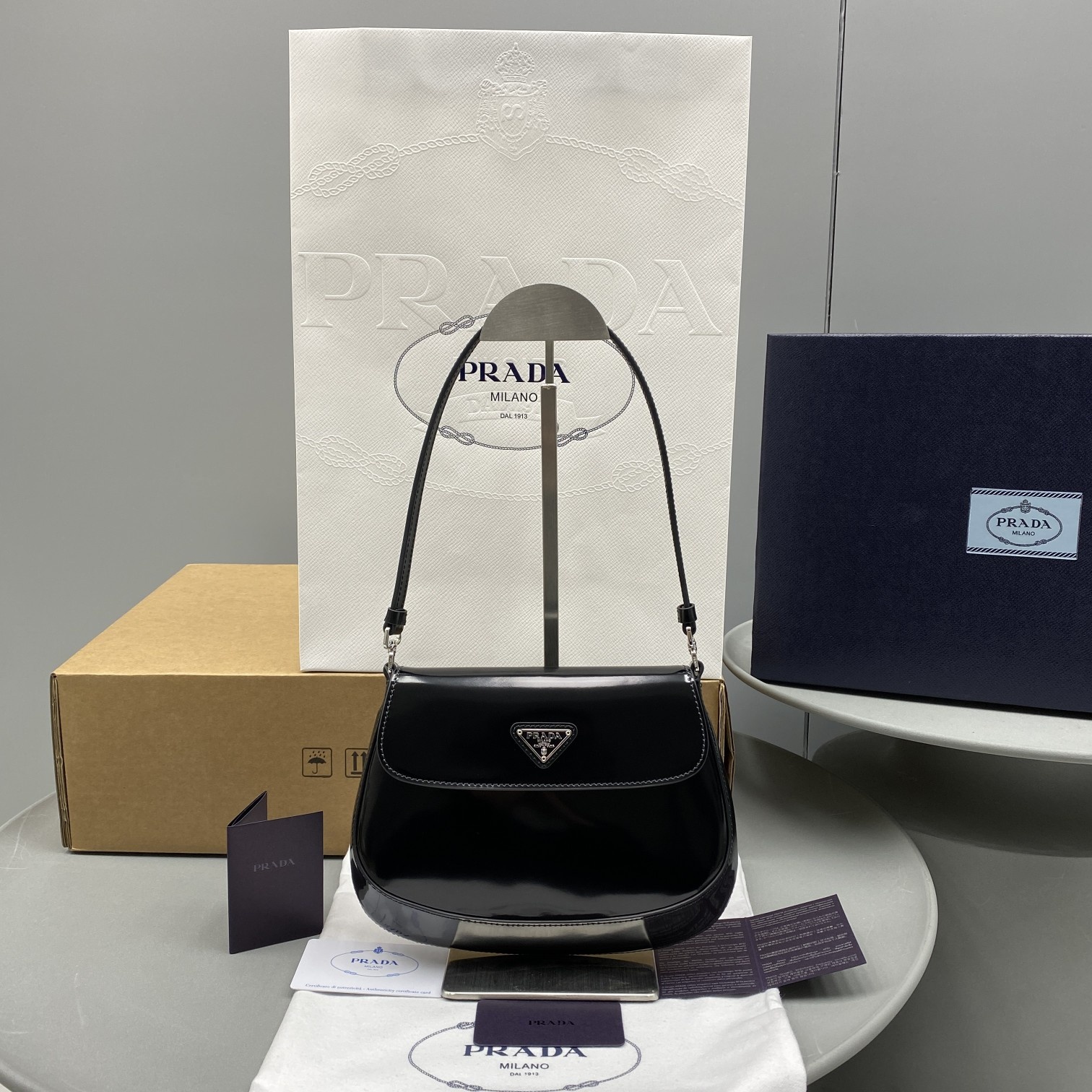 Prada Cleo Brushed Shoulder Bag With Flap Black For Women, Women’s Bags 8.6in/22cm 1BD311_ZO6_F0002_V_OOO