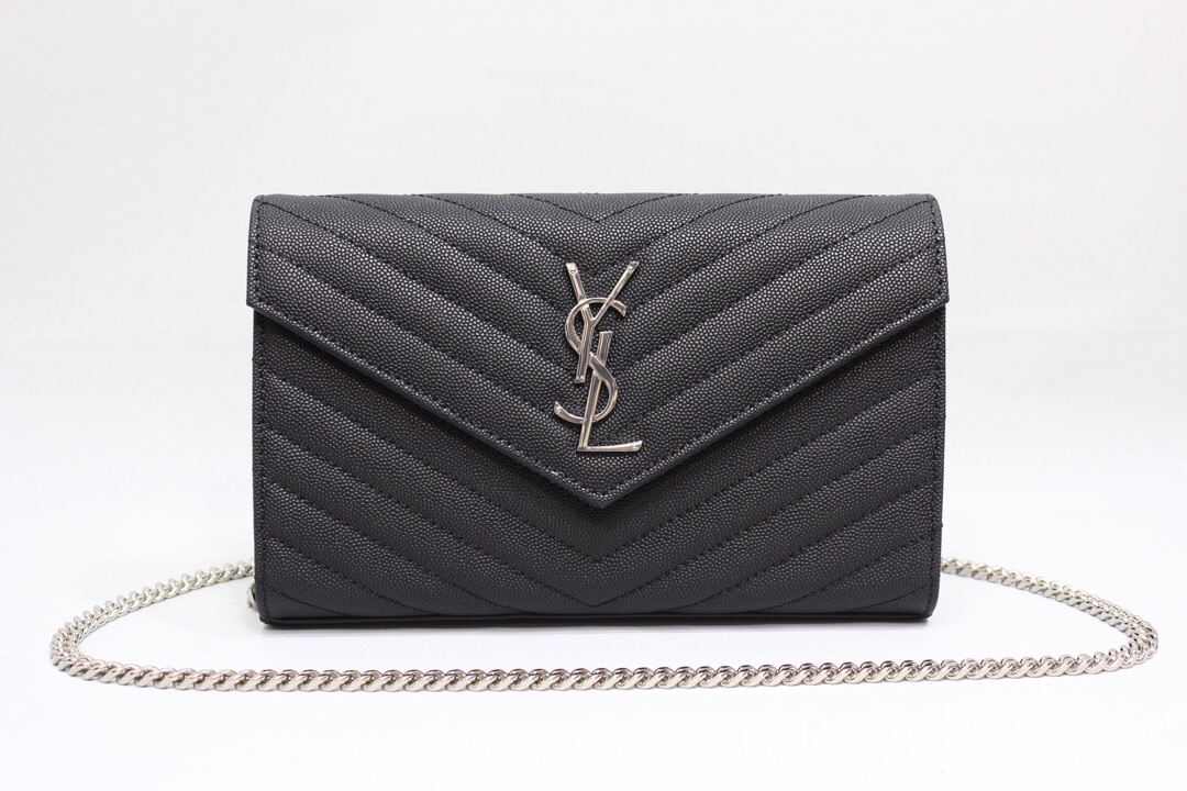 Yves Saint Laurent Cassandre Matelassé Chain Wallet In Grain De Poudre Embossed Black For Women 8.8in/23cm YSL 377828BOW021000