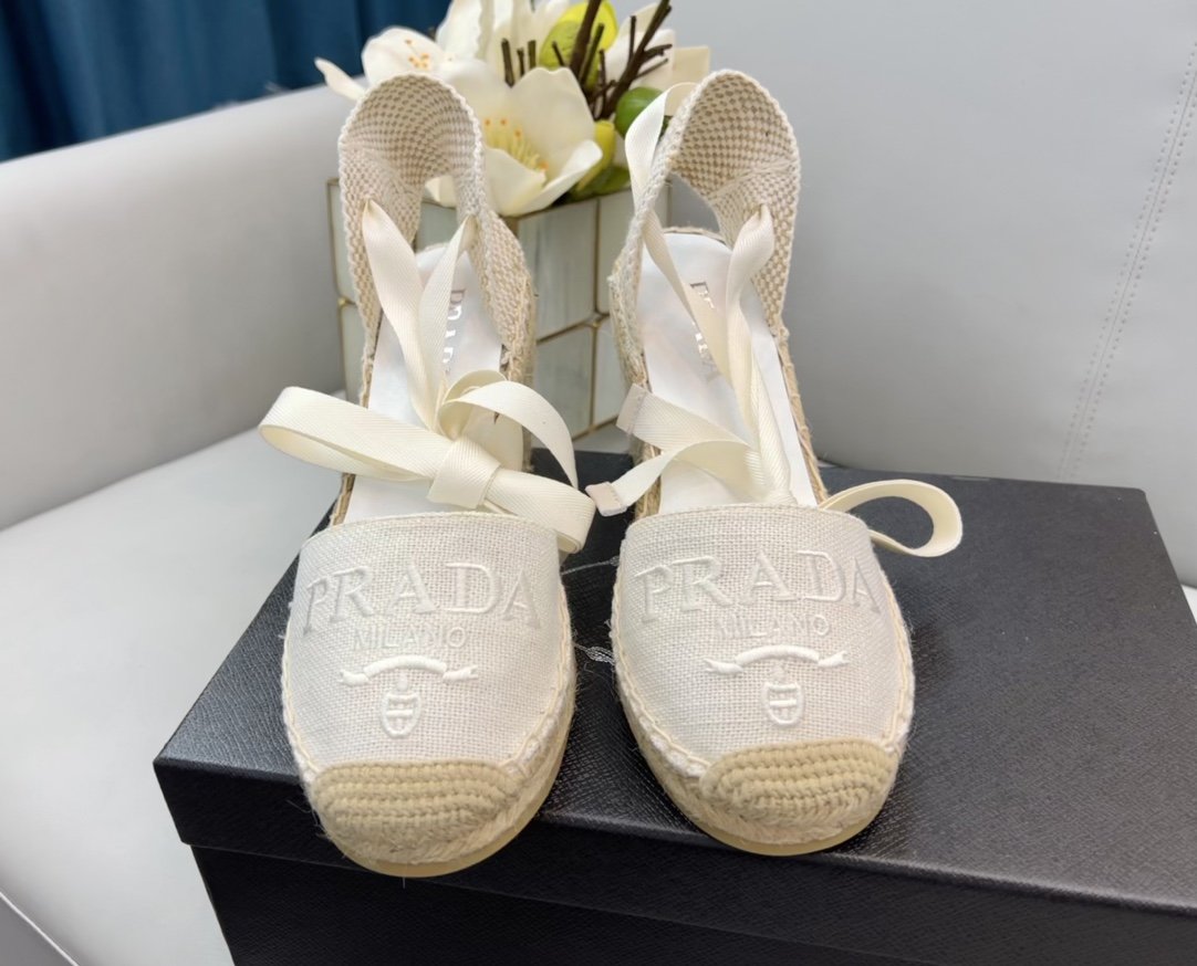 Prada Linen Espadrille Wedge Sandals White For Women 3.5in/90mm Prada