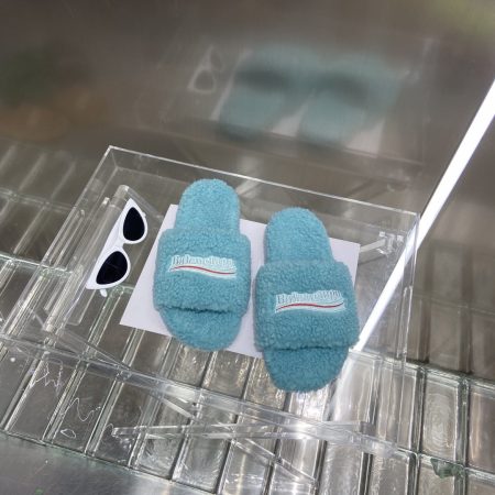BALENCIAGA Furry Slide Sandal Light Blue For Women
