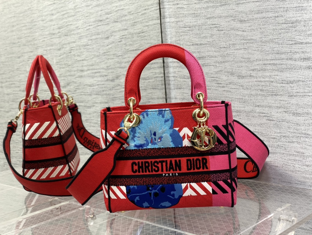 Christian Dior Medium Lady D-Lite Bag D-Flower Pop Embroidery, Bright Pink Multicolor, For Women Women’s Handbags, 24cm CD M0565OROO_M885