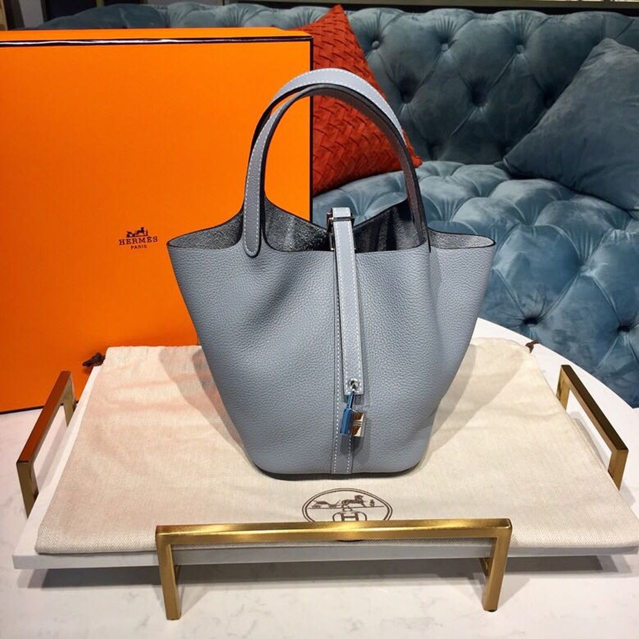 Hermes Picotin Lock Blue Lin For Women Palladium Hardware 7.3in/18cm