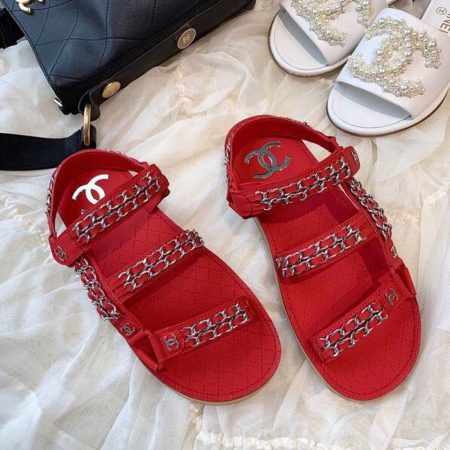 Chanel Chain Embroidered Sandals Red For Women, Women’s Shoes G33800