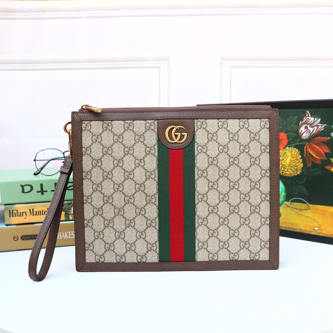 Gucci Ophidia Pouch With Web Beige And Ebony Gucci Supreme Canvas For Men 9in/24cm Gucci ‎672989 96IWT 8745