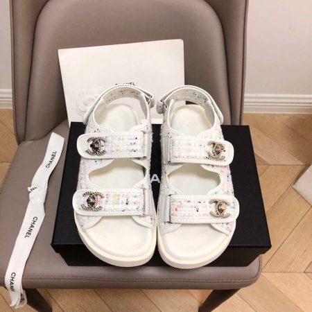 Chanel Rubber Sandals Tweed White For Women, Women’s Shoes G35927