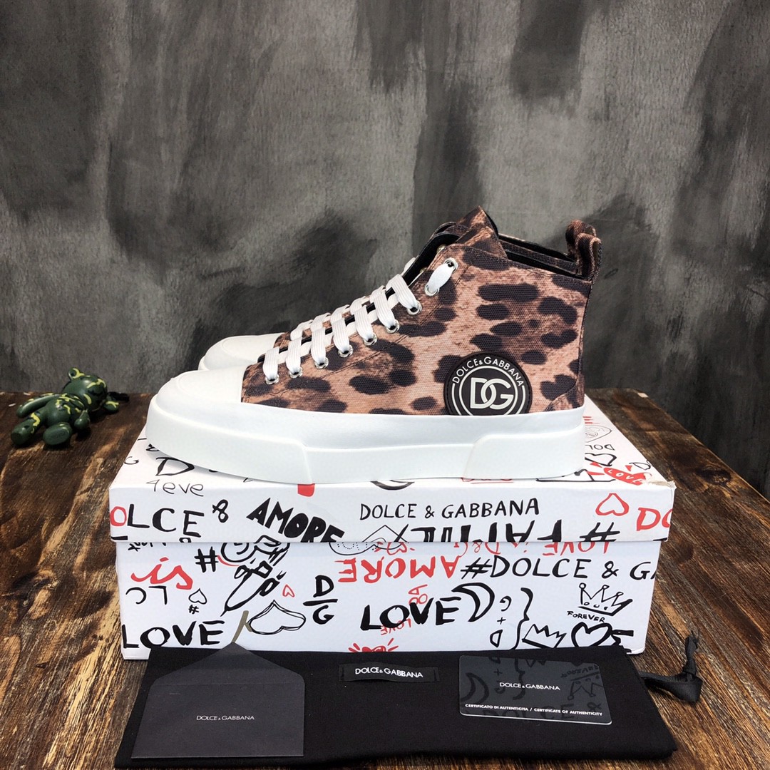 Dolce & Gabbana Two-Tone Canvas Portofino Light Mid-Top Sneakers With DG Logo Brown For Men DG Shoes