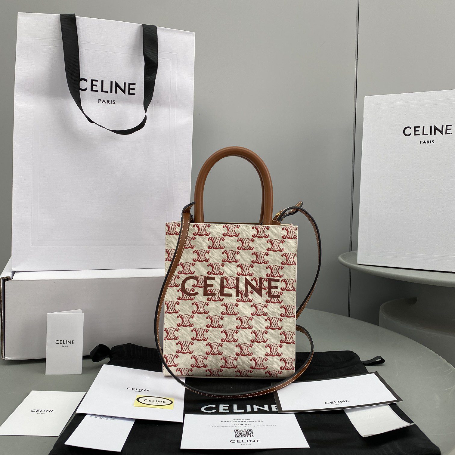 Celine Mini Vertical Cabas In Triomphe Canvas Red For Women 7.2in/18cmÂ